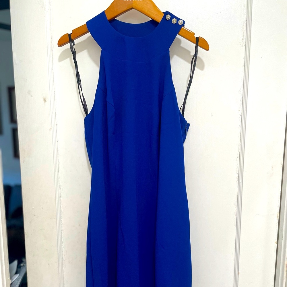 CDC Evening 
Blue maxi halter dress, Rhinestone buttons on collar and on back